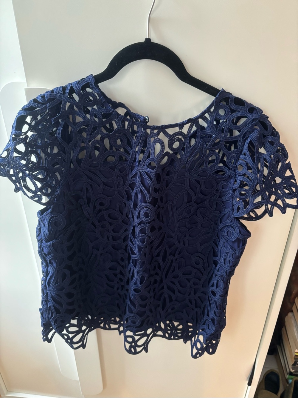 Milly Lace Overlay Navy Short Sleeve Top - Women's